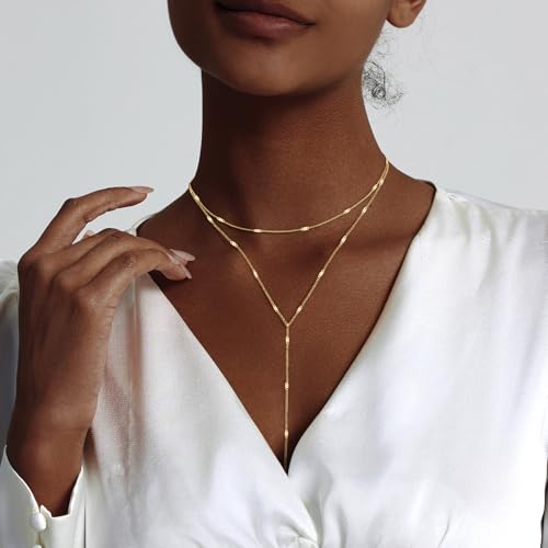 HAXIYA Lariat Gold Necklace for Women Dainty Long Necklace 14K Gold Plated/Silver Y-Shaped Pendant Drop Chain Layered Pearl/Beaded/CZ Necklaces Gold Jewelry Gift for Prom/Wedding - style: Sequin - Gold