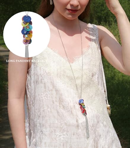 Noessla Boho Long Pendant Necklaces for Women Silver Tassel Long Necklace Sweater Chain Mothers Day Gifts Silver Costume Jewelry for Women - color: 81-Colorful