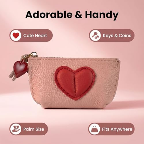 Red Heart Design Small Coin Purse - Cute Compact Keychain Change Purse Soft Leather Wallet with Zipper for Women (Pink) - color: Pink