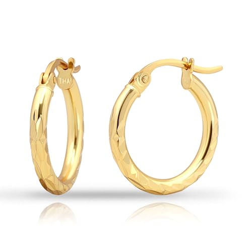 Hoops & Loops 925 Sterling Silver Diamond-Cut Hoop Earrings for Women, 2mm Textured Lightweight Click Top Hoops, 15mm 20mm 25mm 30mm, Silver 14k Yellow Gold & Rose Gold Flash Plated - color: Gold - 15mm (0.59'')
