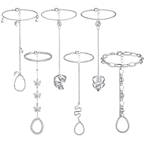 Fumete 6 pcs Finger Ring Bracelet Linked Rhinestone Hand Harness Chain Slave Bracelet with Ring Everyday Jewelry for Women - color: Silver, style: Classic