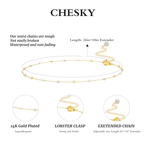 CHESKY Waist Beads for Women, Dainty 14k Gold Plated Waist Chain Beach Accessories Cute Belly Chain Body Chain Gold Chain Belts for Women Summer Beach Jewelry for Womens Gifts Rave Outfits for Womens - style: pearl beads-gold
