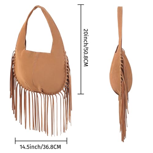 HDE Women's Faux Suede Leather Bag Fringe Tassel Shoulder Purse Western Handbag - color: Camel Brown