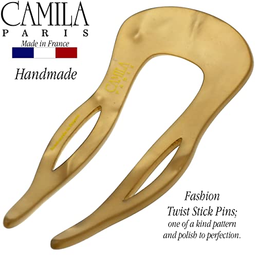 Camila Paris CP3417 French Twist Stick Clip Pins, Gold, Wavy Hair Pin U-Shaped Hair Fork for Girls Spiral Updo Chignon Bun Holder, Fashion Flexible Styling Hair Accessories for Women, Made in France - color: 2-Prong Gold