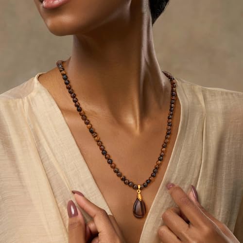 Healing Crystal Necklaces for Women Trendy Natural Stone Beaded Long Pendant Necklaces for Womens Handmade Bohemian Fashion Necklace Jewelry Gift - color: Tiger Eyes