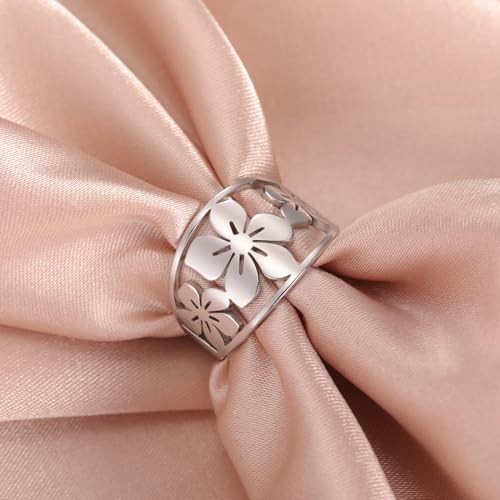 TEAMER Bohemian Hollow Flower Ring Stainless Steel Rhinestone Flower Ring Wedding Band Ring Exquisite Jewelry for Women - color: Silver