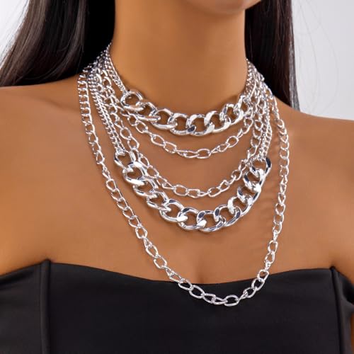 Layered Necklaces for Women Punk Chunky Gold Statement Necklaces Dainty Multi Layer Necklace Jewelry Accessories for Women - color: Silver