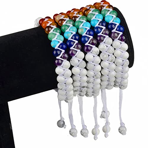 MASSIVE BEADS Double Layer Natural Chakra Healing Power Crystals Macrame Bracelet Yoga Stone Beads Gemstone Meditation Relax Anxiety Bangle for Unisex Women Men - color: 7-Chakras&Howlite, size: 6mm