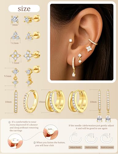 M MOOHAM Flat Back Earring Stacks for Women, Hypoallergenic 14k Real Gold Plated Hoop Stud Cartilage Earrings Stack Set Small Cute Helix Huggie Hoop Drop Earrings Trendy Jewelry Gifts for Women - color: 14K-Gold-Plated