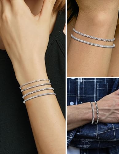 6Pcs Stainless Steel Chain Bracelets for Men Women 2mm Cuban Snake Twists Rope Box Beads Paperclip Link Chain Bracelet Sets Jewelry Gifts 7 Inches Length Adjustable - style: A:6 Silver-Chains