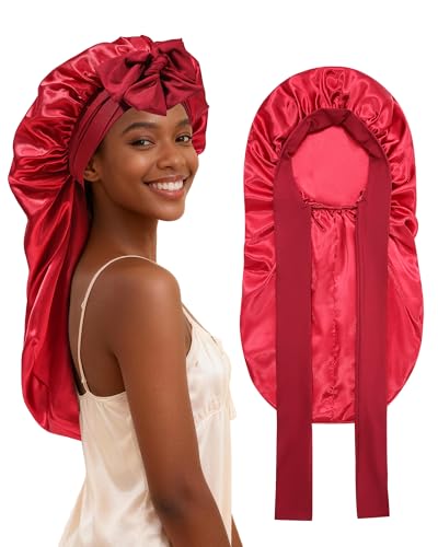 AWAYTR Long Satin Bonnet for Braids - Elastic Silk Hair Bonnets for Sleeping Night Cap Stretchy Tie Band for Women（Wine Red） - color: Wine Red