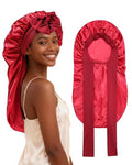 AWAYTR Long Satin Bonnet for Braids - Elastic Silk Hair Bonnets for Sleeping Night Cap Stretchy Tie Band for Women（Wine Red） - color: Wine Red