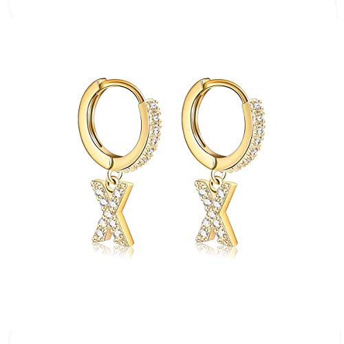 14K Gold Plated Cubic Zirconia Initial Earrings Delicate Small Hoop Earrings Hypoallergenic Letter Earrings for Women - style: X