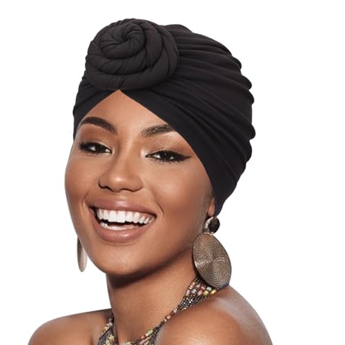 African Women Turban Caps Pre-Tied Twisted Turbans Head Scarf for Women Hair Wraps Cover Beanie Cancer Chemo Headwear - color: 1 Pack Flower: Black