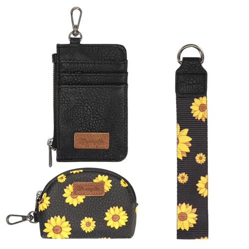 Wrangler KeyChain Wristlet Wallets for Women Sunflower Floral Dual Pouch Wristlet Western Credit Card Holder Wallet with Zipper Pocket - color: Sunflower Black