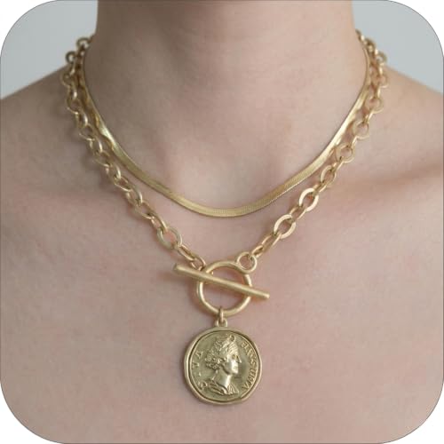 Chunky Gold Coin Pendant Necklace Trendy Layered Statement Chain for Women, Antique Toggle Design with Thick Link, Fashionable Necklaces for Women - color: 2pcs worn gold coin + Herringbone