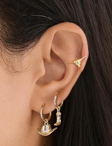 Mameloly Cowgirl Earrings for Women CZ 14K Gold Plated Western Cowboy Hat Dangle Hoop Earrings Cute Jewelry Hypoallergenic - color: Bull's-head Shape