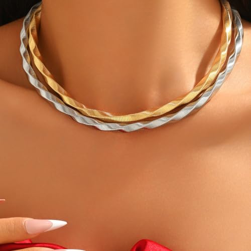Chunky Gold Collar Choker Statement Necklace for Women Trendy | Gold Plated Layered Twist Flat Thick Snake Herringbone Chain African Torque Necklace Prom Boho Necklaces Party Jewelry Gift - style: Twist Link Chain/Silver