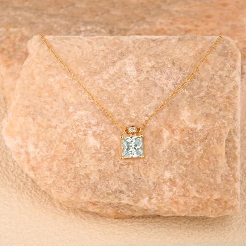 18K Gold-Plated Non Tarnish Birthstone Necklace for Women, 5A Princess Cut Cubic Zirconia Pendant, Birthday Anniversary Valentine's Gift, 18-20 Inches - color: 3-Mar-Light Sea Blue
