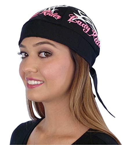 Sparkling EARTH - American Made Skull Caps Doo Rags Do Rag Durag Headwrap Head Wraps Skullies - Made in The USA! - color: Lady Rider on Black (Female Biker