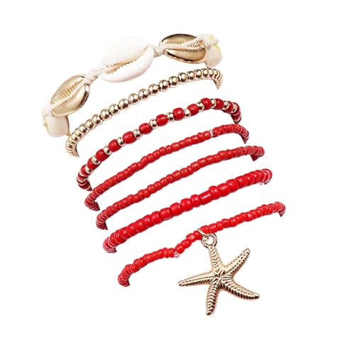 Pingyongchang Bohemian Stackable Shell Beaded Ankle Bracelets for Women Colorful Boho Multi-Layer Seashell Gold Starfish Adjustable Handmade Braid Bracelet Summer Beach Holiday Accessories Gifts - color: Red