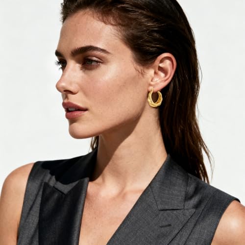 Hoop Earrings for Women 14K Gold Plated Thick Chunky Hoops Hypoallergenic Trendy Dainty Jewelry Gifts - style: Texture Hoop