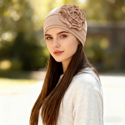 4 Pcs Chemo Turban Headwear for Women Stretchy Turban Head Wraps Cap Chemo Headwrap with Hair Loss - color: Light Gray, Khaki, Pink, Brown