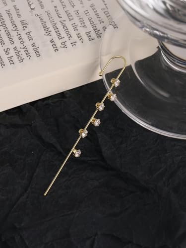 Ear Wrap Hook Earrings for Women Fashion Ear Cuff Crawler Earrings Silver Gold Long Piercing Crystal Curve Style Earring Stick Ear Wrap Earring Rhinestone Trendy Jewelry Gifts - color: six rhinestone-gold