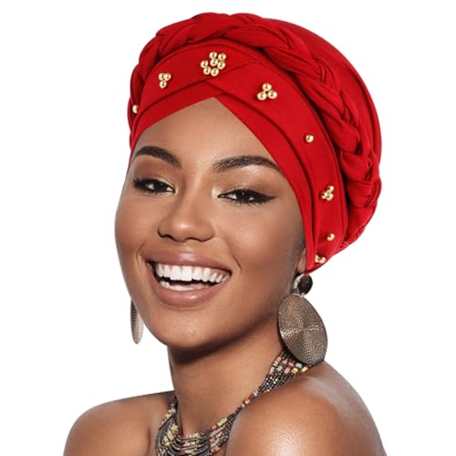 African Women Turban Caps Pre-Tied Twisted Turbans Head Scarf for Women Hair Wraps Cover Beanie Cancer Chemo Headwear - color: 1 Pack Twisted Braid: Gold Bead Burgundy