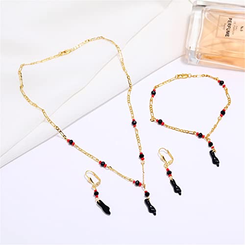 Caiyao Azabache Hand Figa Charm Stainless Steel Link Chain Bracelet Pendant Necklace Drop Dangle Earring Set for Women Men Kabbalah Amulet Protection Good Luck Jewelry - color: A black