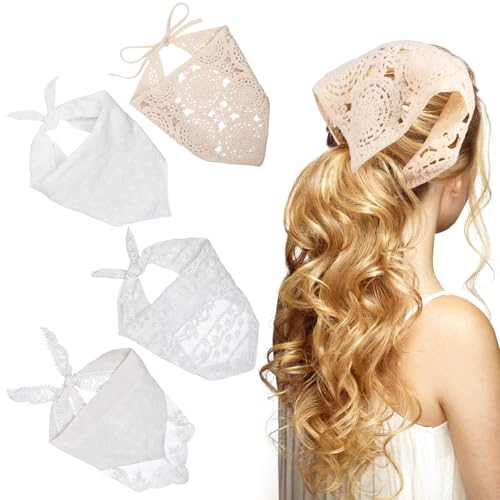 JATEBI 4PCS Women's Floral Lace Mesh Triangle Head Scarves Adjustable Boho Bandanas - color: White