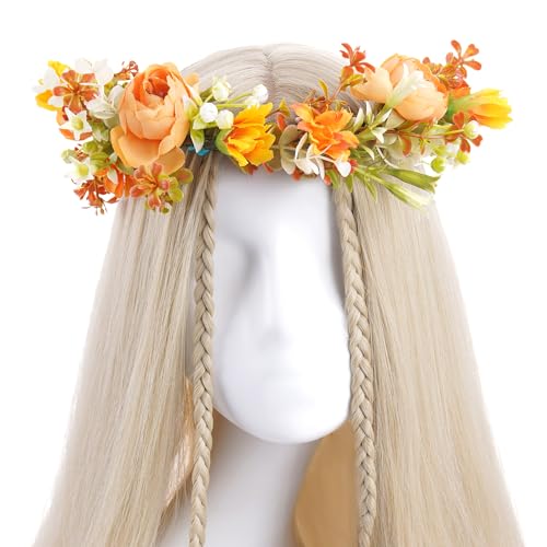 Orange Flower Crown Headband, Artificial Boho Daisy Floral Headpiece, Adjustable Fairy Woodland Flower Crown for Women Girls Renaissance Birthday Bride Wedding Party Hair Accessories - color: Daisy Orange