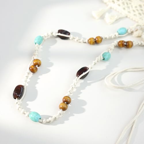 Women Braided Waist Belt Boho Woven Belt with Wooden Beads and Ring Clasp Vintage Long Tassel Rope Tie Belt for Dress - color: Beige 6