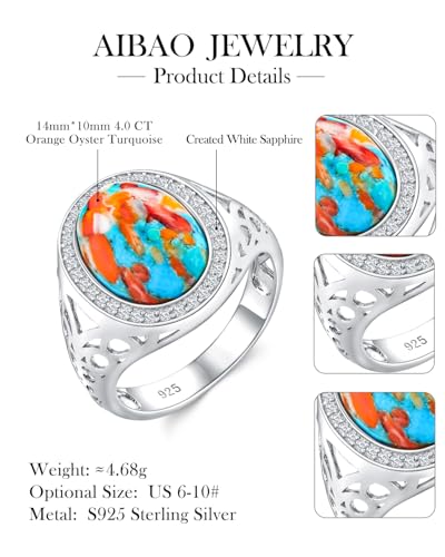 AIBAO 4-12 Ct Large Oval Engagement Rings for Women Natural Turquoise/Lapis Lazuli/Malachite Celtic/Infinity/Love Knot Halo Ring Size 6 to 10 Anniversary Christmas Valentines Gift - style: 4.3 Ct Orange Oyster Turquoise & Created White Sapphire