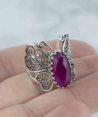 Filigranist Sterling Silver Filigree Art Butterfly Women Cocktail Ring with Gemstones - color: Ruby Corundum