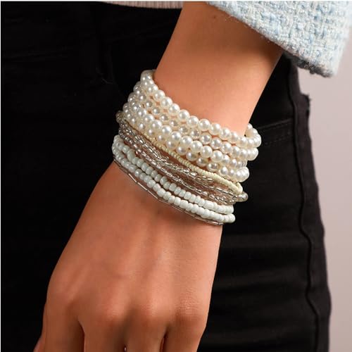 Handmade Bohemian Colorful Crystal Beaded Bracelets Set Multilayered Stackable Boho Stretch Adjustable Bangle Cuff Friendship Summer Beach Jewelry for Women - color: white