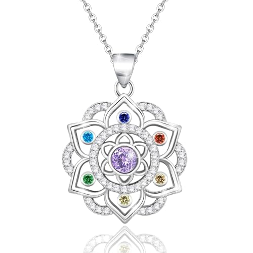 Lotus Necklace 925 Sterling Silver Chakra Flower Pendant Necklace 7 Colorful Rainbow Yoga Lotus Jewelry for Women Wife Mother's Day Birthday Valentines Gifts