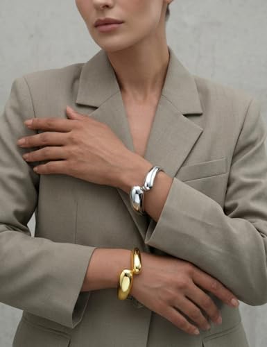 Chunky Gold Bangle Bracelets for Women, Dainty 14k Gold Plated Big Stackable Bangles Set, Trendy Statement Cuff Bracelet Stack Summer Beach Jewelry Gifts - style: 2 Gold & silver bangles