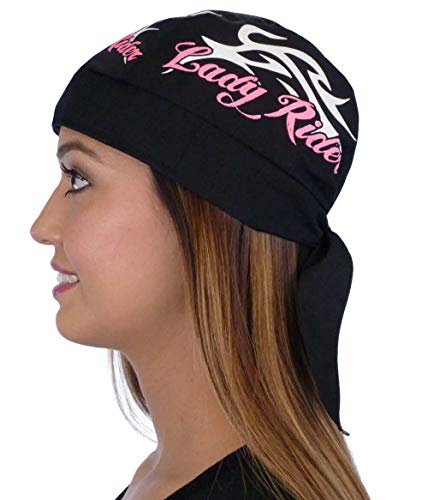 Sparkling EARTH - American Made Skull Caps Doo Rags Do Rag Durag Headwrap Head Wraps Skullies - Made in The USA! - color: Lady Rider on Black (Female Biker