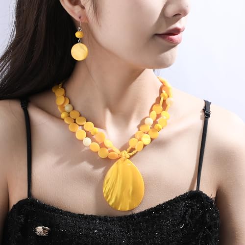 Big Teardrop Pendant Necklaces for Women Colorful Beaded Necklaces Statement Set for Holiday. - color: Yellow