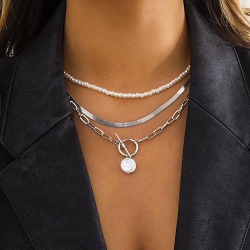 Long tiantian Chunky Gold Necklace Stack Chain Necklaces for Women Statement Layered Paperclip Choker Necklaces Statement Necklace for 80s 90s & Night Out Outfits Paperclip Style Fashion Jewelry - color: A3:Style C-Silver