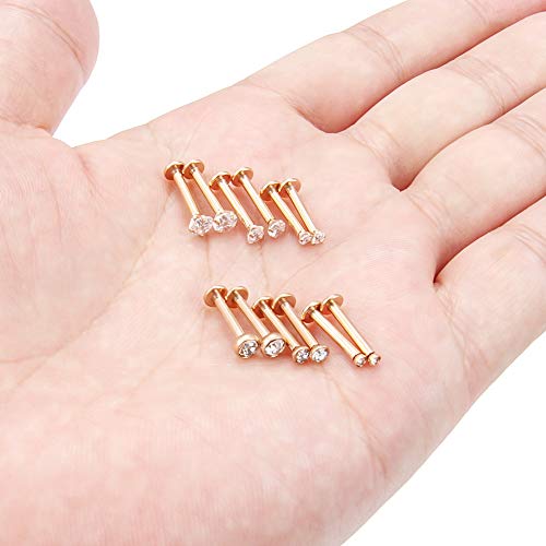 SCERRING 6 Pairs 14G Stainless Steel Clear CZ Internally Threaded Labret Monroe Lip Tragus Cartilage Helix Earring Ring Body Piercing Jewelry 6-10mm - style: 10mm Rose Gold