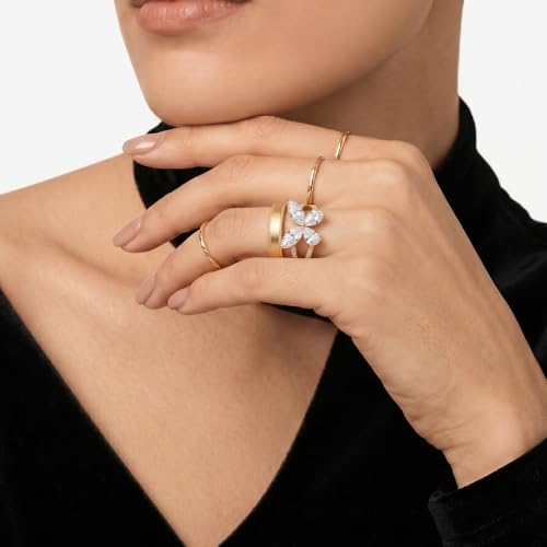 Cross Ring 14K Gold Plated 925 Silver with CZ, Stackable Rings - color: Butterfly 14K Gold, size: 6