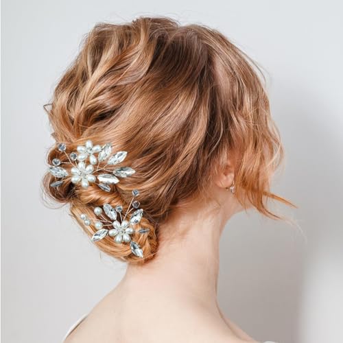 4 PCS Flower Hair Piece Bride Wedding Pearl Hair Pins Wedding U-shape Hairpins Hair Jewelry for Braids Accessories Silver Hair Accessories for Bride Women Girls Bridesmaids (Silver)