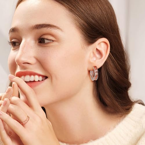 Trendy 14K Gold Plated Hoop Earrings for Women, Chunky Gold/Silver Earrings for Women Cubic Zirconia Baguette Hoop Earrings Heart Hoops Lightweight Hypoallergenic Jewelry,25mm/35mm/40mm/50mm - color: 01 Silver Burnt Orange Hoops 25mm