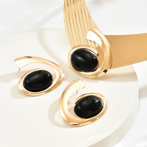 Gold Jewelry Set Chunky Gold Necklace Earring Set for Women Boho Oval Acrylic Earring Necklace Western Adjustable Choker Necklaces Bohemian Jewelry Set For Women - color: Black