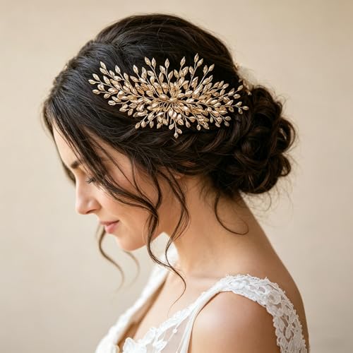 Rhinestone Leaf Wedding Hair Comb, Sparkly Bridal Hair Piece Accessories for Bride Bridesmaid Party Prom (Champagne) - color: Champagne