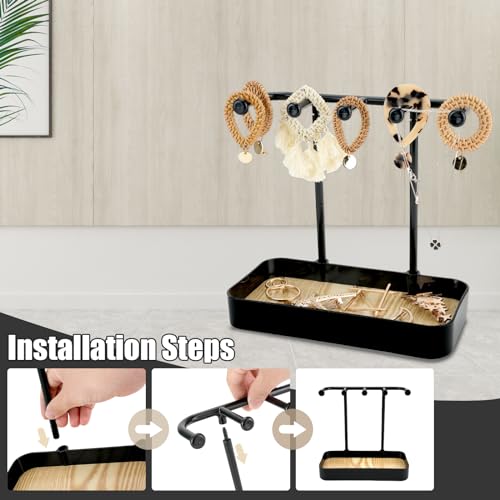 Jewelry Organizer Stand, Necklace Holder with Wooden Tray 5 Storage Hooks, Earring Holder with 5 Pcs Jewelry Bags for Bracelet,Chains,Rings,Earrings,Keys Watches,Necklaces (Black) - color: BLACK