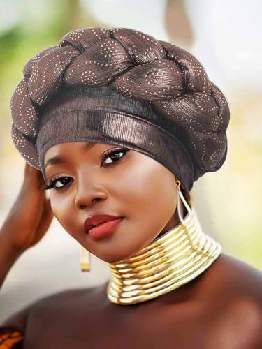 Woeoe African Headwrap Gold Braided Turbans for Women - color: Brown