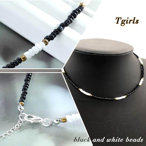 Tgirls Boho Choker Necklace Chain Rice Beaded Necklaces Seed Bead Necklace Accessory for Women - color: White Black